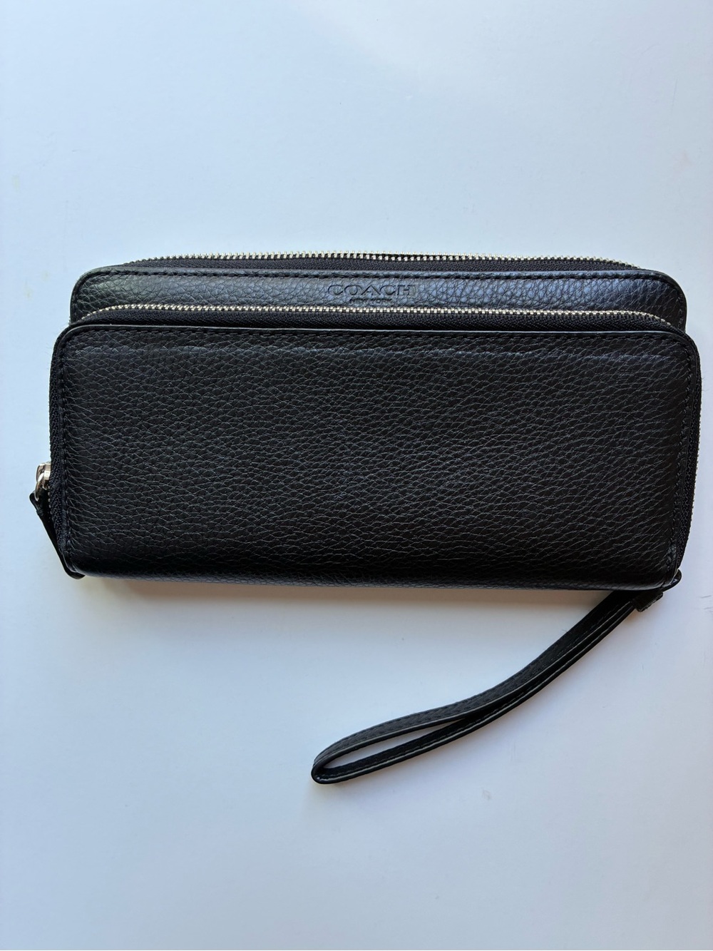 Coach Black Pebbled Leather Double Zip Wristlet Full Sized Wallet